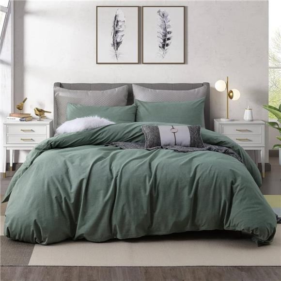 3 Piece Duvet Cover Set Queen Size100% Organic Washed Cotton with Linen Feel
